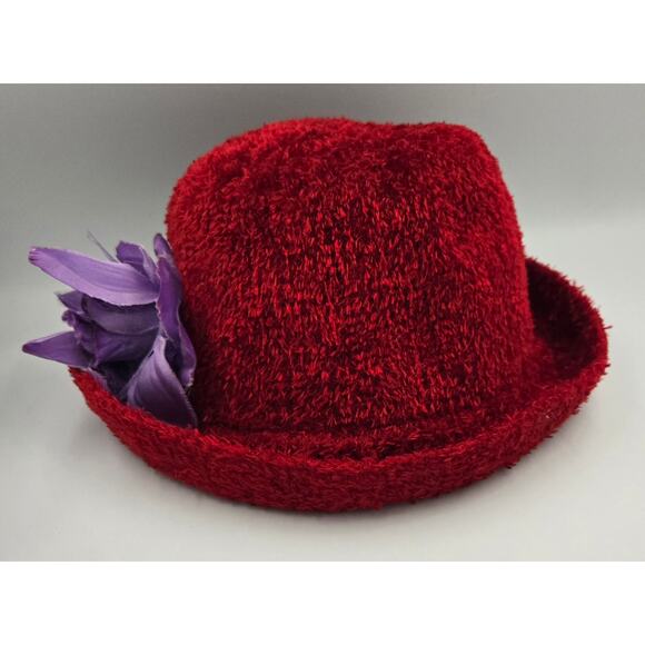 Red Fuzzy Jaclyn Smith Bucket Hat with Purple Flower Pin Season 5812 - Picture 2 of 8
